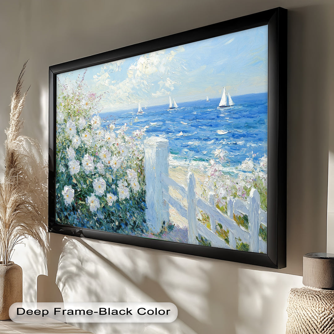 White Rose Garden with Sailboats – Impressionist Oil Painting