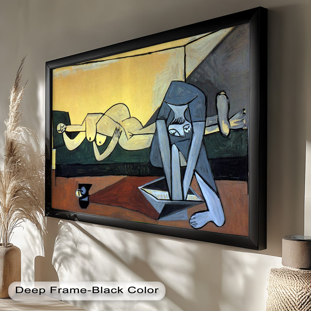Abstract interior scene featuring a nude woman lying on a couch and another clothed woman bent over reading, rendered in bold geometric forms.