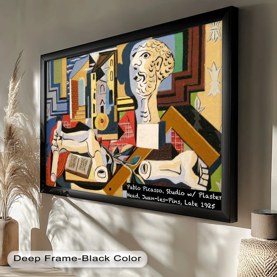 Colorful abstract composition by Picasso depicting a reclining figure, a sculpted head, and studio props in a fragmented layout.