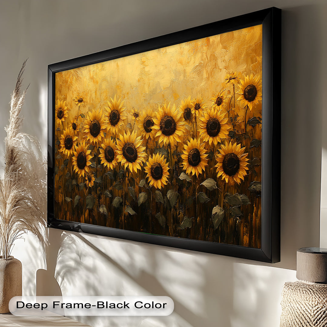 An expressive field of sunflowers with bold yellow petals and dark centers, glowing under warm, golden light.
