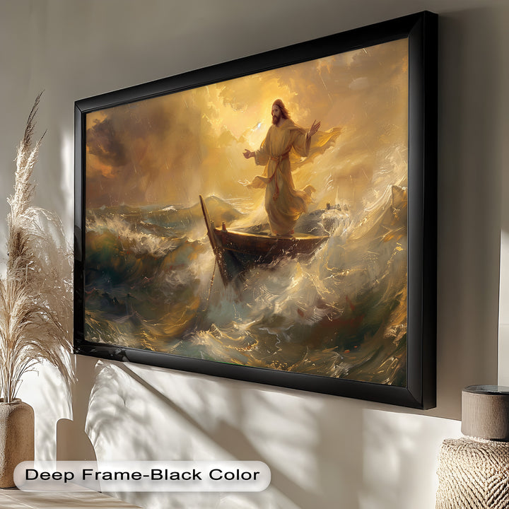Experience the presence of faith with this striking oil painting. The dynamic motion of the waves and the serene expression of Jesus create a masterpiece of spiritual inspiration, reminding us of unwavering trust in divine intervention.