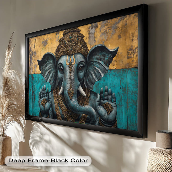 Blaue Ganesha Wandkunst – Religiöses Ölgemälde