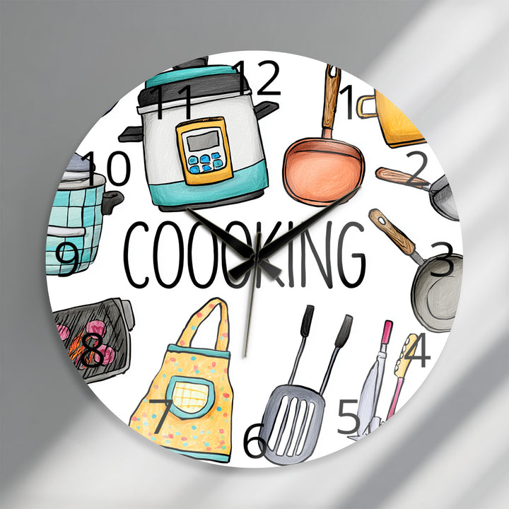Colorful Cooking Glass Wall Clock – Kitchen Utensil Decor