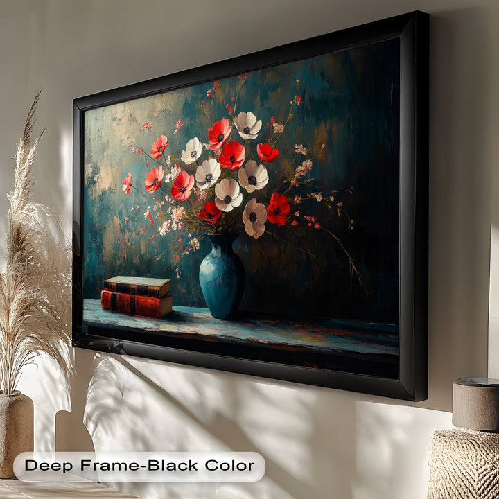 Vibrant Floral Vase with Books – Botanical Oil Paintings