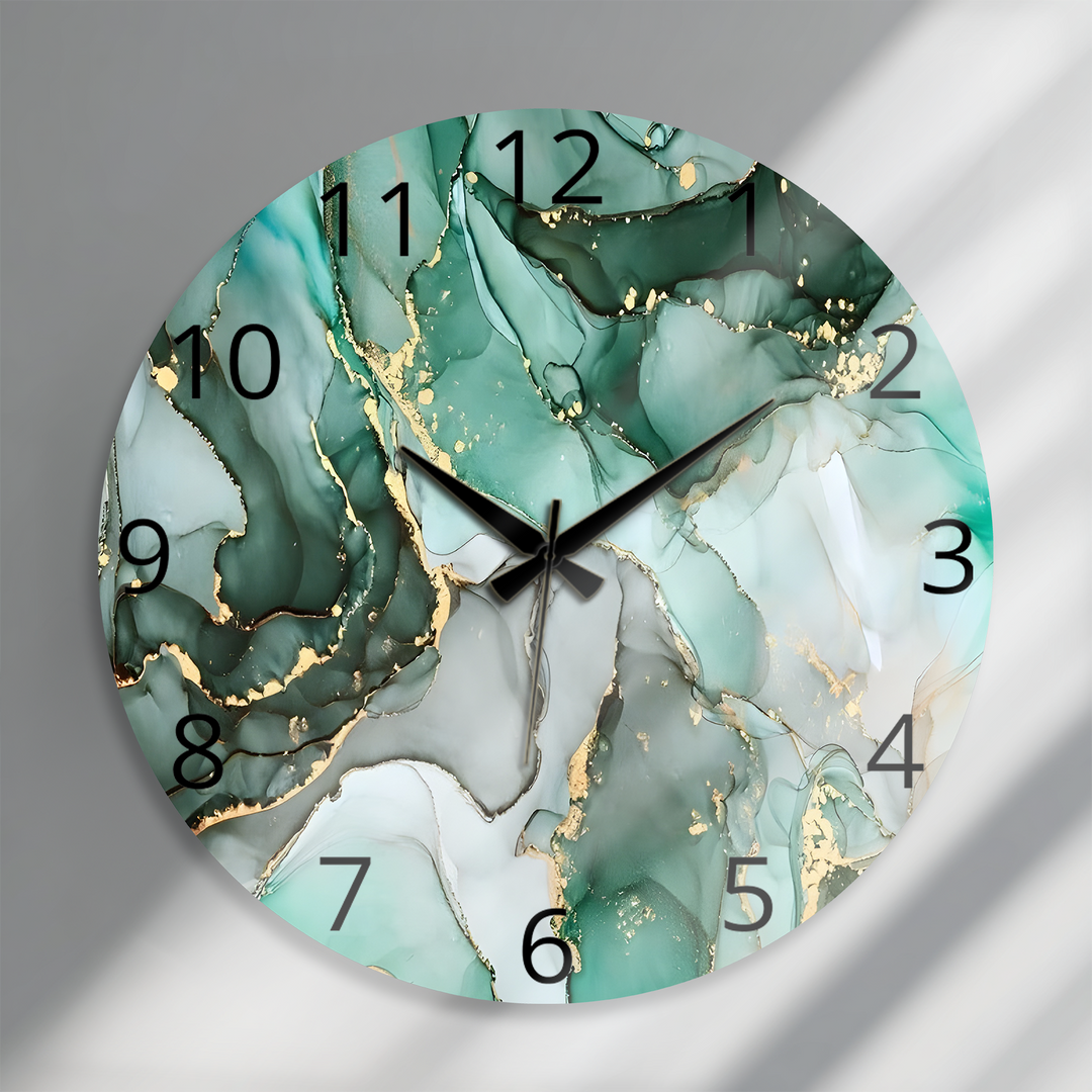 Emerald Green Marble Glass Wall Clock – Gold Accent Decor
