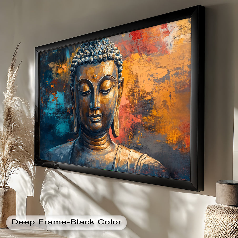A peaceful Buddha figure in meditation, illuminated by warm and cool tones in a textured modern art backdrop.