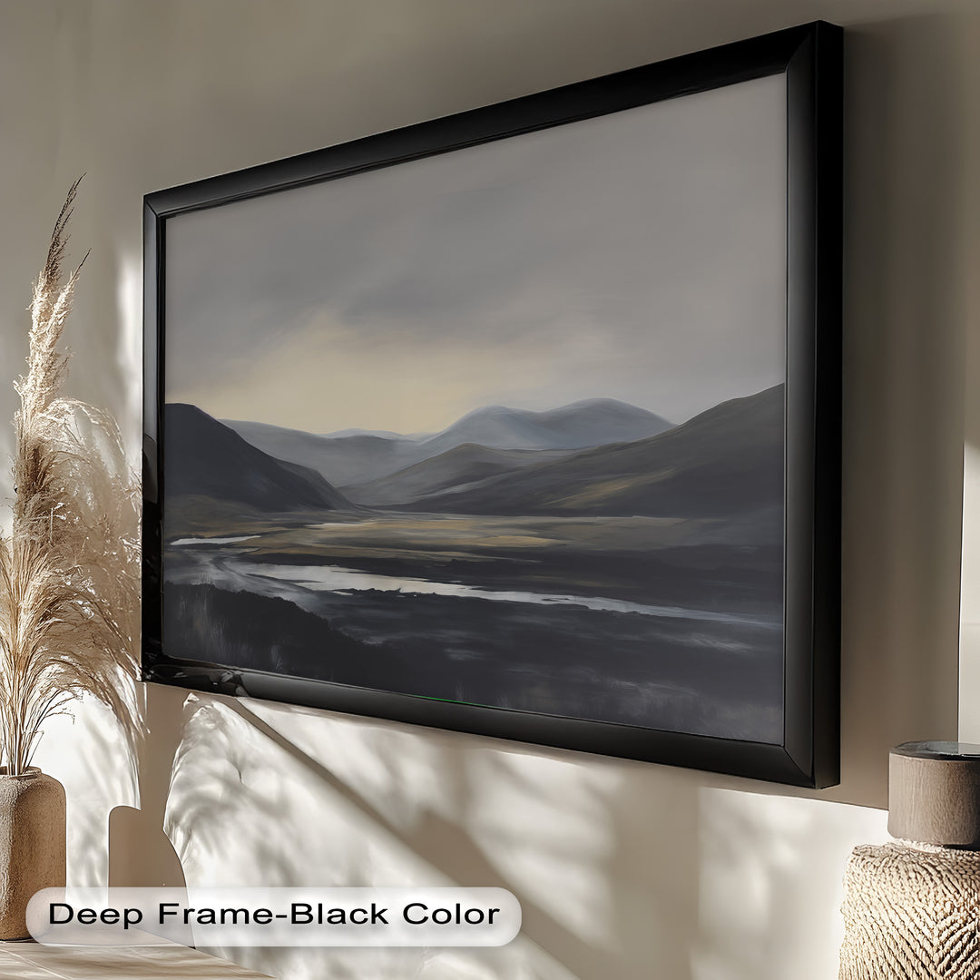 A river winding through a valley illuminated by soft light, with dark hills in the background, reflecting the tranquility of nature.

