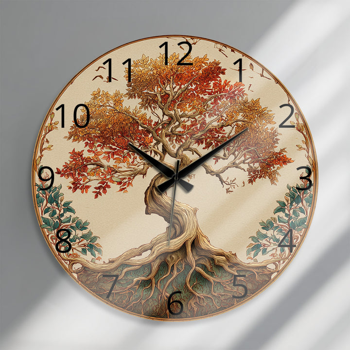 Autumn Tree of Life Glass Wall Clock – Rustic Fall Decor