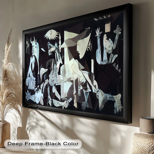 A dramatic black-and-white composition depicting human and animal figures in anguish, rendered in a fragmented, cubist style.