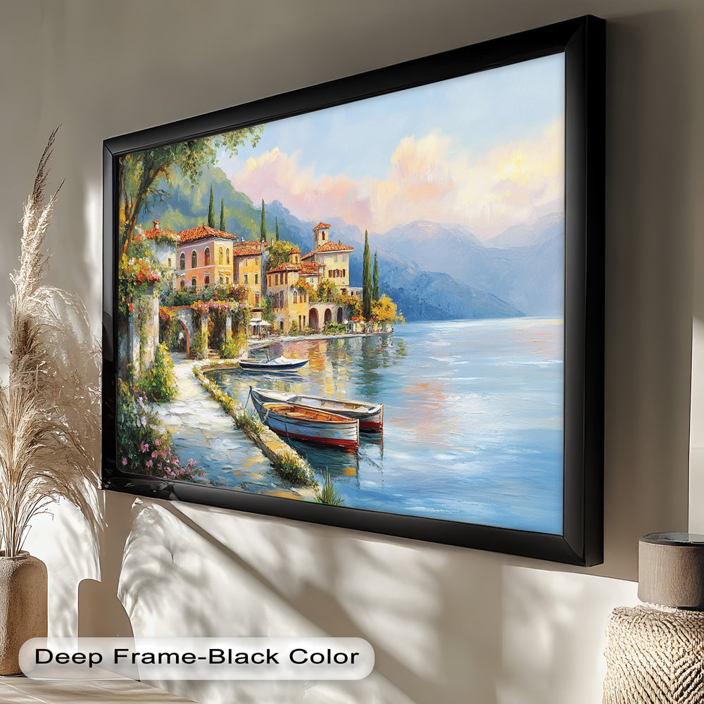 With soft pastels and golden sunlight, the scene evokes warmth, relaxation, and the timeless romance of an Italian escape.