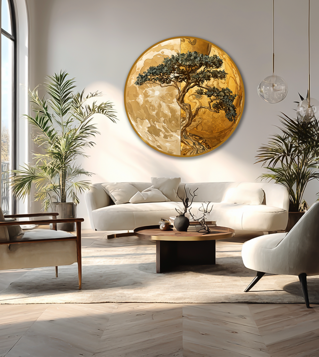 Soft, ivory hues highlight the delicate balance of this Golden Balance Tree, a round oil painting art prints featuring a detailed, dual-tone gold tree.