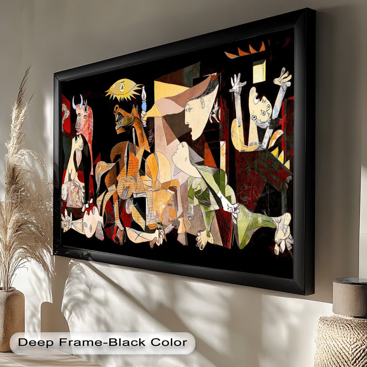 A vibrant reinterpretation of Picasso’s Guernica, depicting distorted human and animal figures in anguish under a single eye-shaped light, symbolizing the horrors of war.