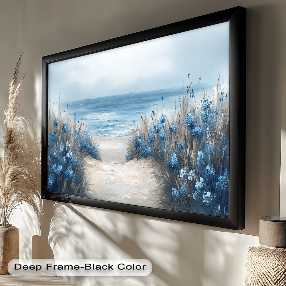 A peaceful seascape with delicate blue flowers framing a sandy trail that opens up to gentle ocean waves.