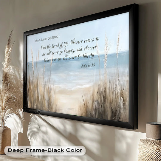 Subtle color saturation enhances the peaceful beach scene and biblical verse of this John 6:35 oil painting decoration, creating a serene focal point.