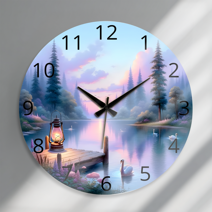 Swan Lake Glass Wall Clock – Pastel Forest Landscape