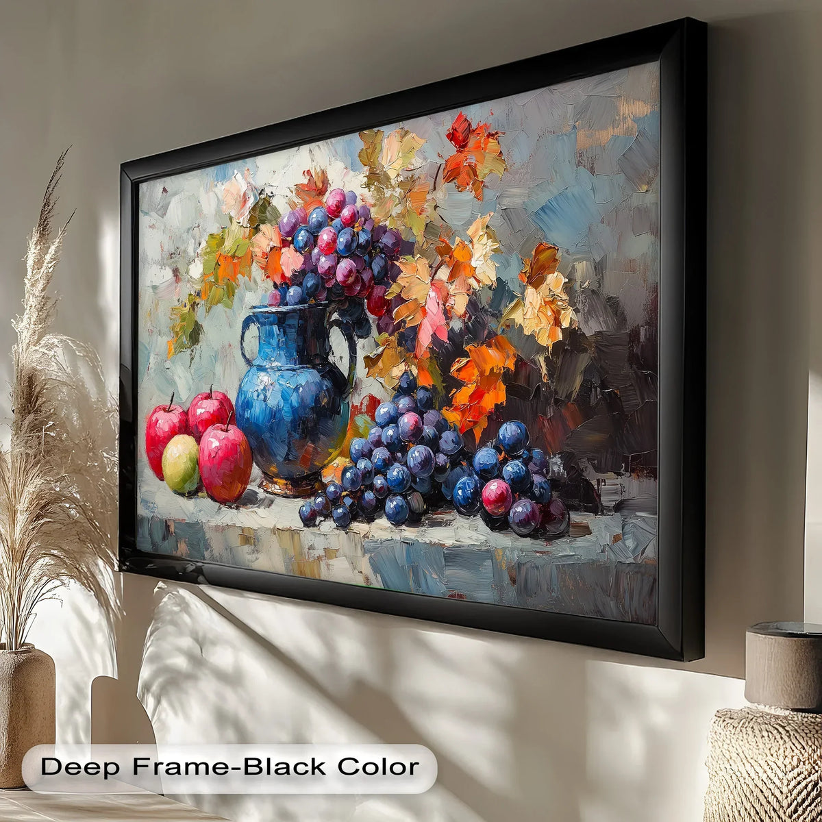 Intense color saturation makes the grapes and apples in this framed still life oil painting a vibrant example of oil painting decoration.