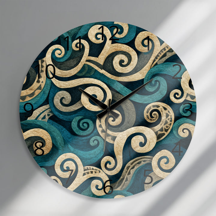 Teal Spiral Glass Wall Clock – Blue and Beige Abstract Swirl Art