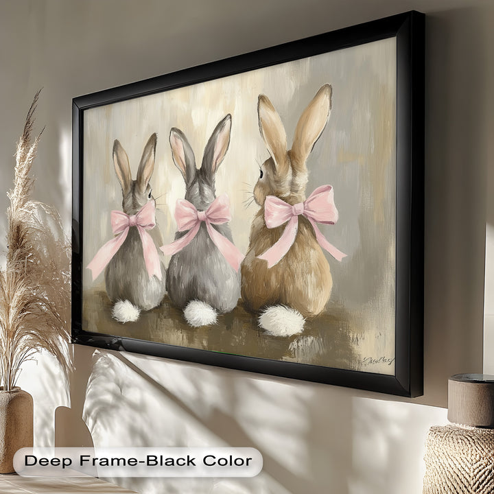 Trio of Bunnies with Pink Bows – Animal Oil Painting