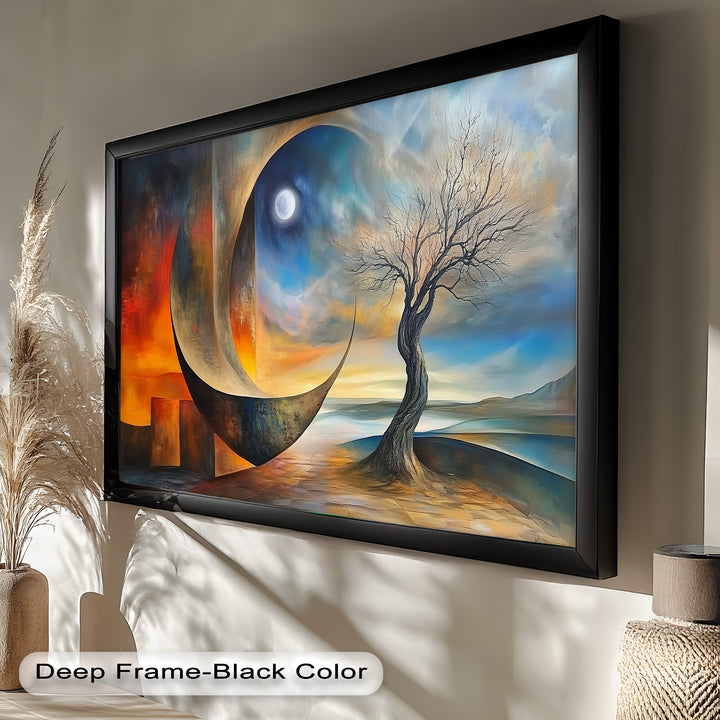 Moonlit Tree and Surreal Horizon - Abstract Oil Painting
