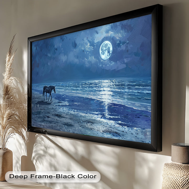 A captivating framed wall art piece depicting a dreamlike coastal setting, blending deep blue hues with expressive brushstrokes to evoke a sense of serenity and solitude.