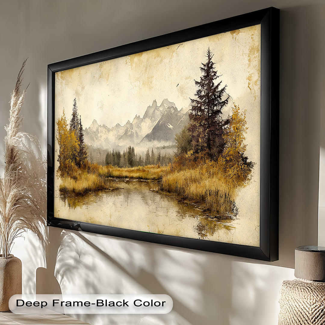 This vintage-style landscape painting captures a tranquil alpine scene, with golden autumn grasses, still waters, and majestic mountain peaks in the distance.