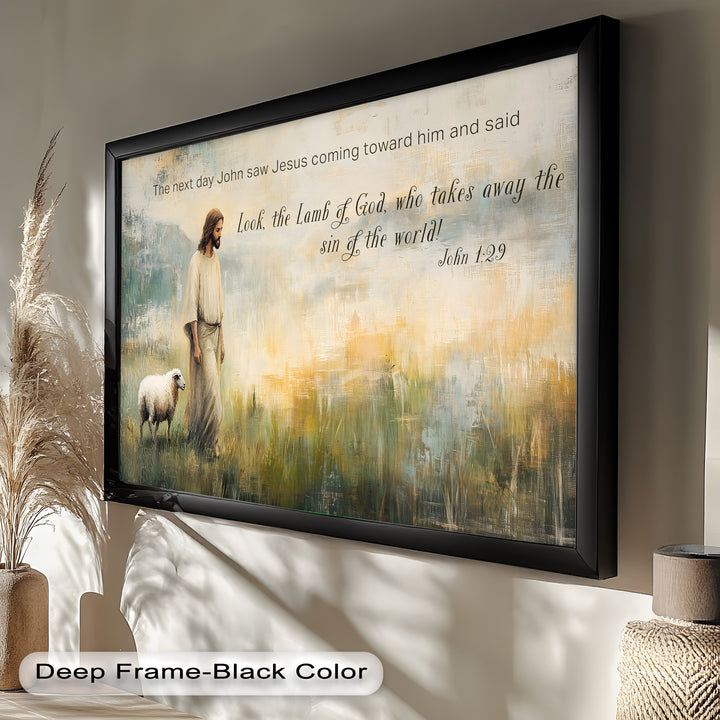 Christian-themed artwork of Jesus in a golden-hued pastoral scene.
