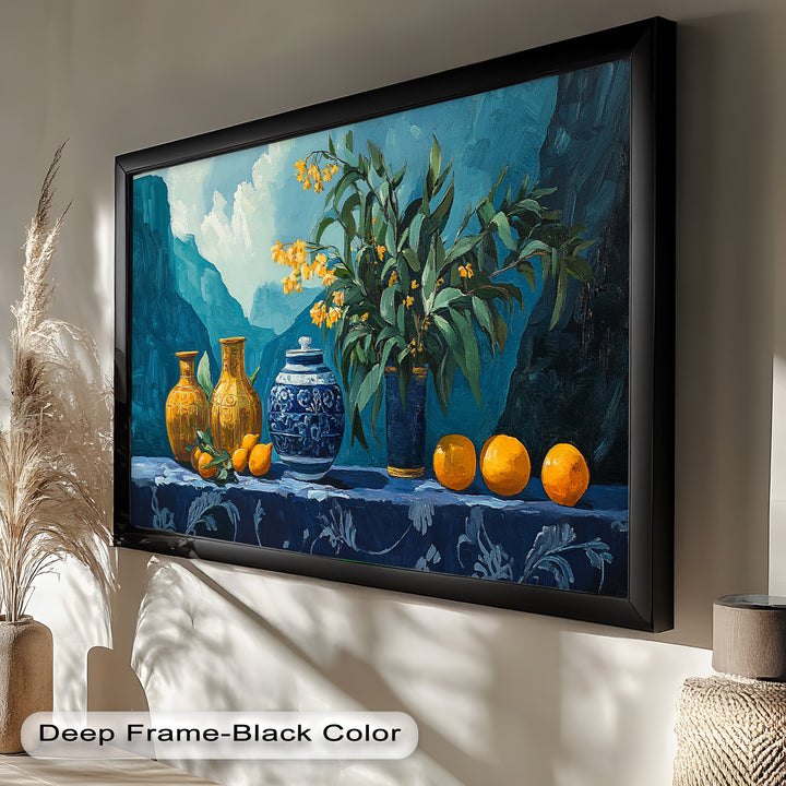 A captivating blend of landscapes and still life elements, this painting brings together peaceful scenery, vibrant hues, and refined detail.