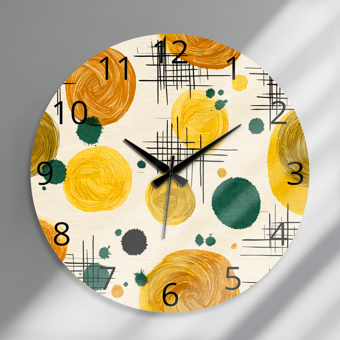 Mustard Yellow Glass Wall Clock – Retro Abstract Circle Art
