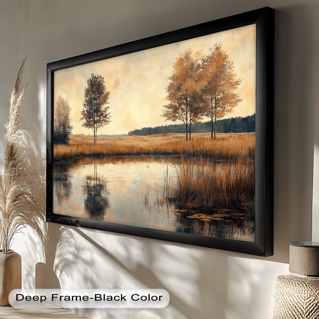 A harmonious blend of muted browns, golds, and soft grays brings this rural scene to life, where a reflective pond mirrors the beauty of trees dressed in their autumn colors.