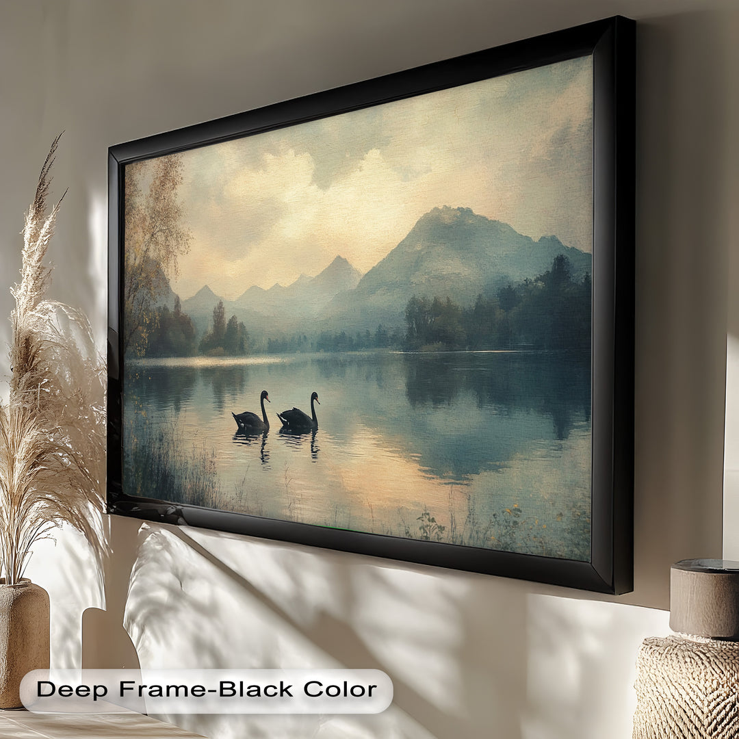 Black Swans on a Mountain Lake – Modern Oil Painting