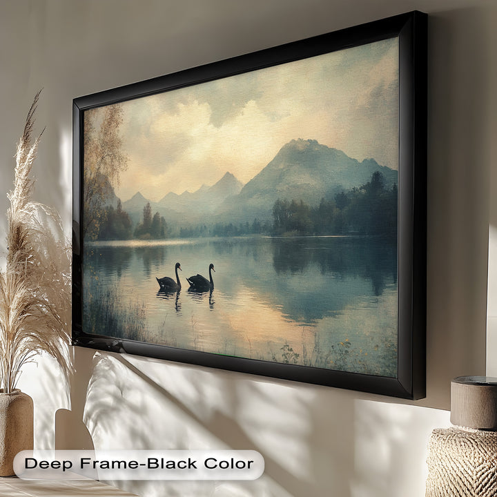 Black Swans on a Mountain Lake – Modern Oil Painting