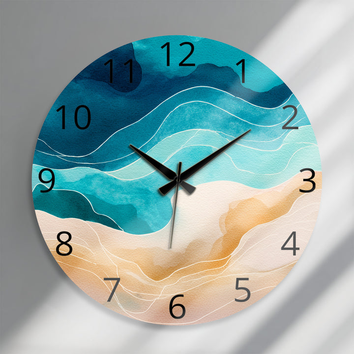 Abstract Coastal Glass Wall Clock – Blue Ocean Wave Decor