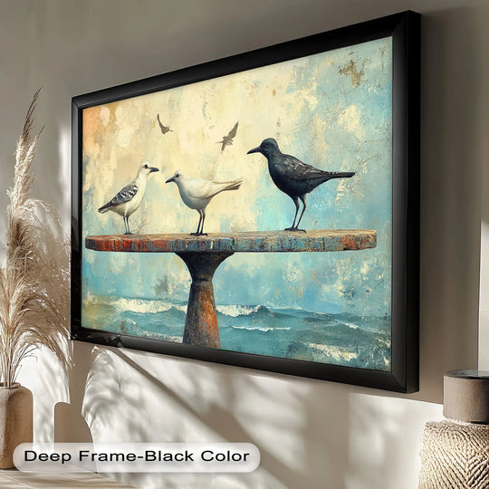 Visual rhythm animates this animal oil painting art piece, where three birds find their places atop a pedestal against a moody oceanic backdrop.