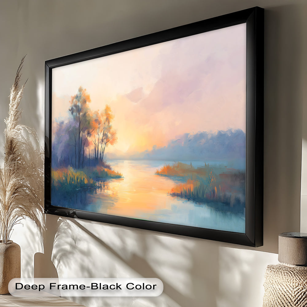 This dreamy riverside scene captures the beauty of dusk, where pastel shades of orange, pink, and lavender blend seamlessly into the tranquil reflections of the water.

