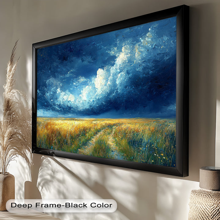 Bold brushstrokes and vivid color contrasts evoke a sense of movement, energy, and the quiet anticipation before a storm.