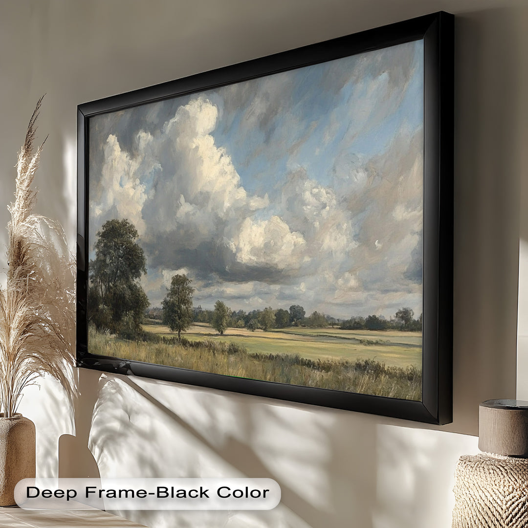 Expressive brushstrokes bring life to this timeless countryside composition, where towering trees and open fields bask in the ever-changing light of a cloud-filled sky.