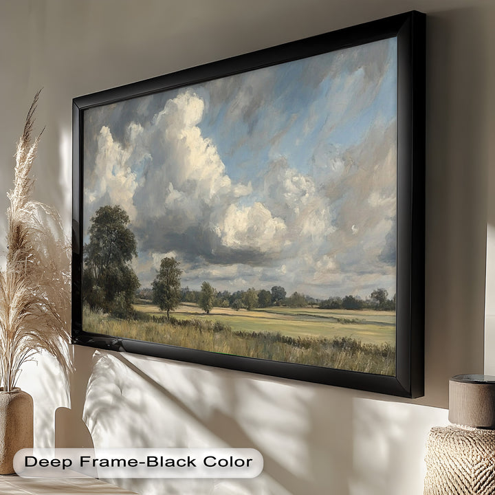 Expressive brushstrokes bring life to this timeless countryside composition, where towering trees and open fields bask in the ever-changing light of a cloud-filled sky.