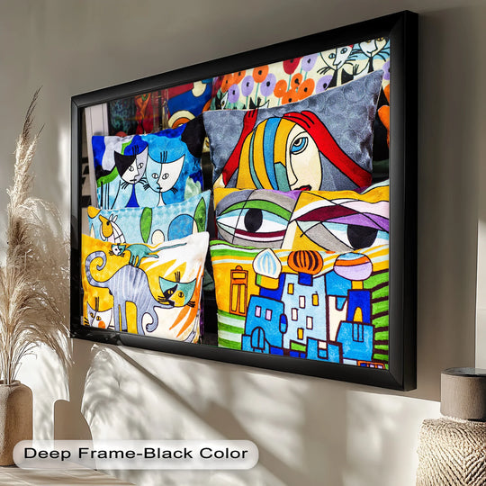 Dynamic brushstrokes in this oil painting art prints style 'Colorful Cubist Cat & Face Pillows' evoke a whimsical sense of motion.