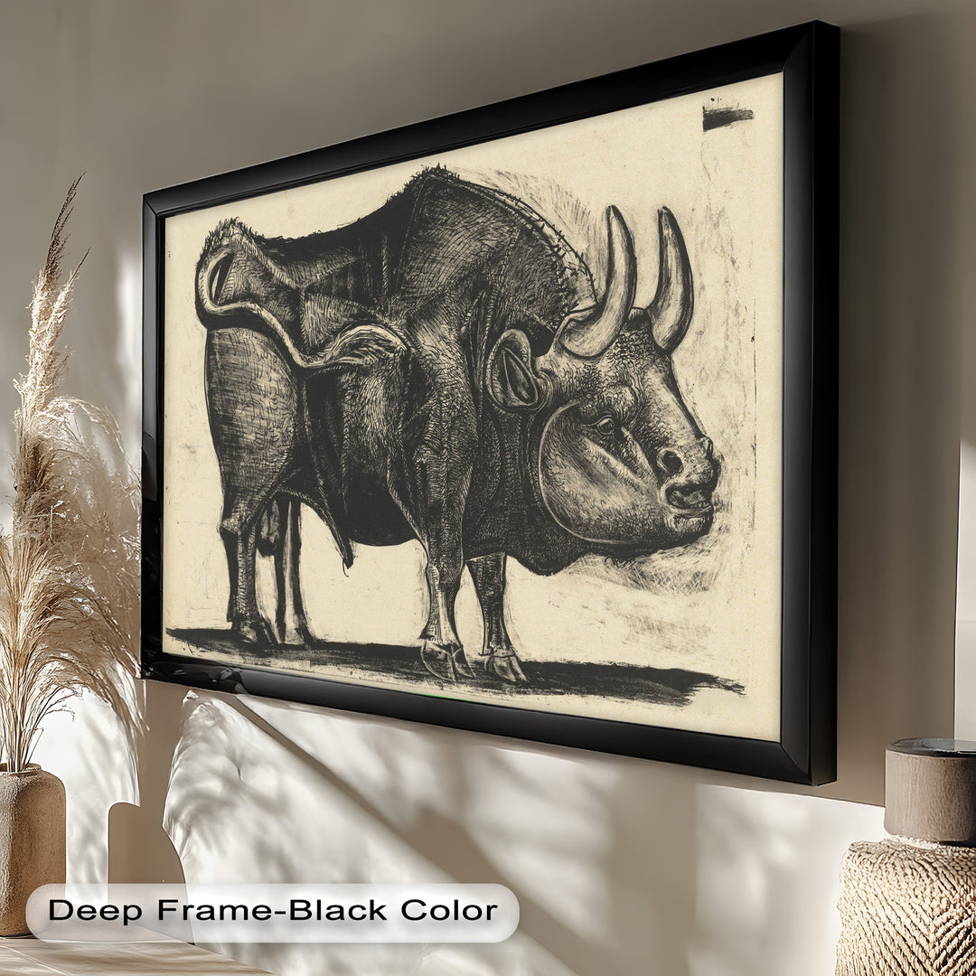 Expressive Bull Figure with Bold Linework – Figurative Oil Painting