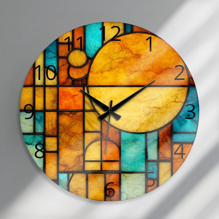 Orangefarbene und blaugrüne Glaswanduhr – geometrische Retro-Sonnenkunst