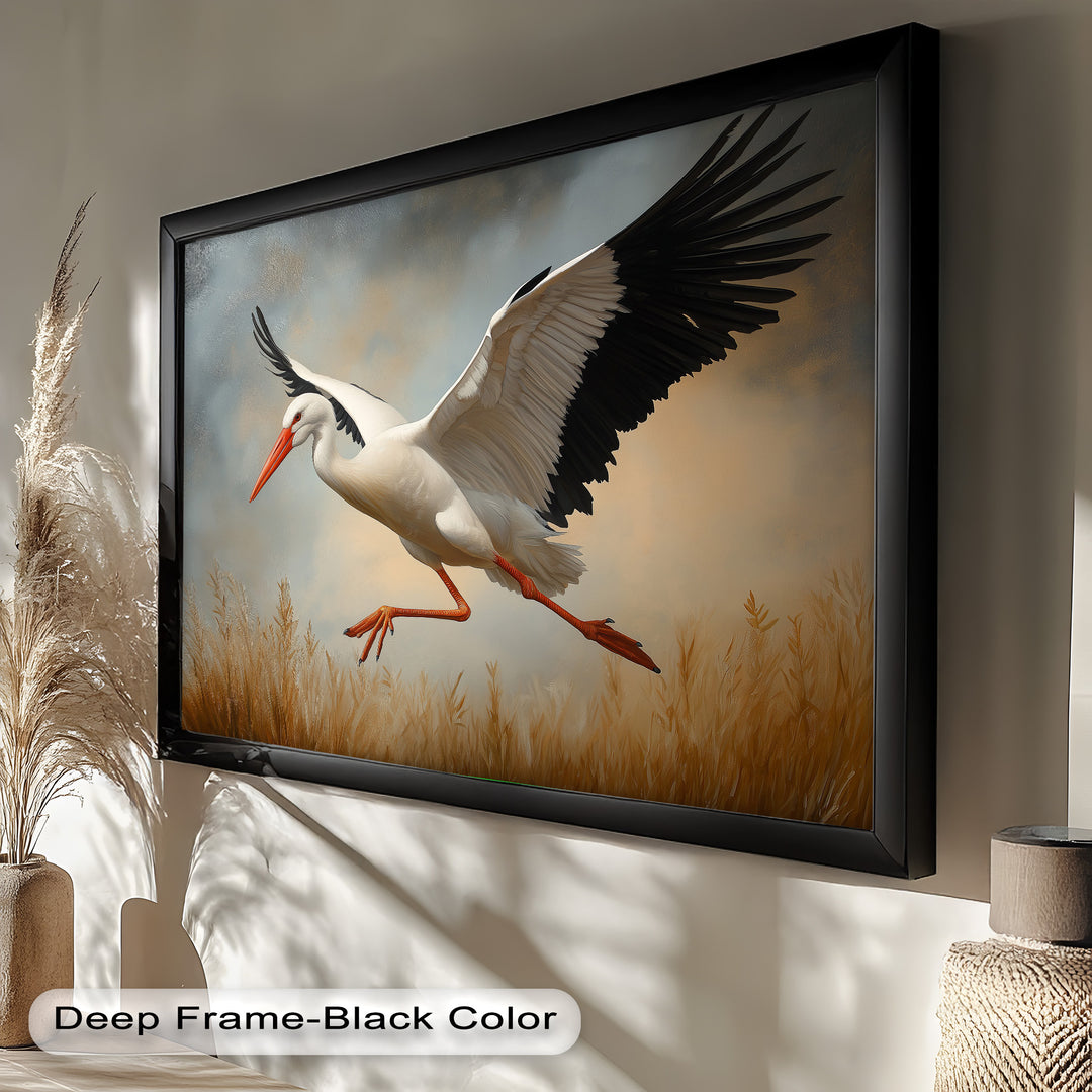 Stork in Flight over Golden Grasses – Animal Oil Painting