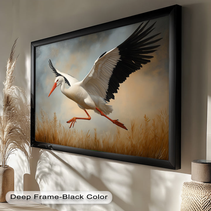 Stork in Flight over Golden Grasses – Animal Oil Painting