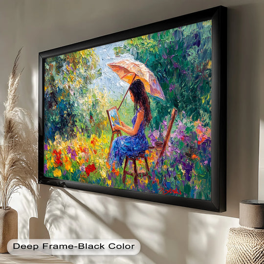 The realistic detail of the Colorful Garden Scene Impressionist oil painting art piece captures a woman artist with an umbrella in a vivid, texture-rich outdoor setting.