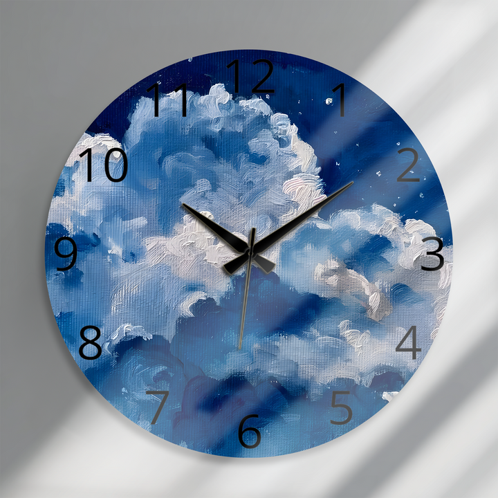 Blaue Wolke Glaswanduhr – abstrakte Himmelswanddekoration