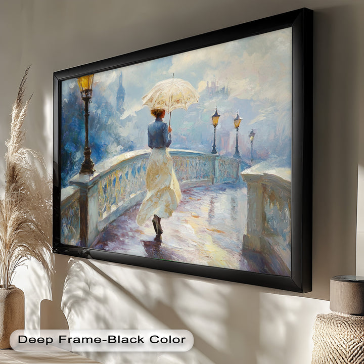 Woman with Umbrella on Cobblestone Bridge – Oil Painting