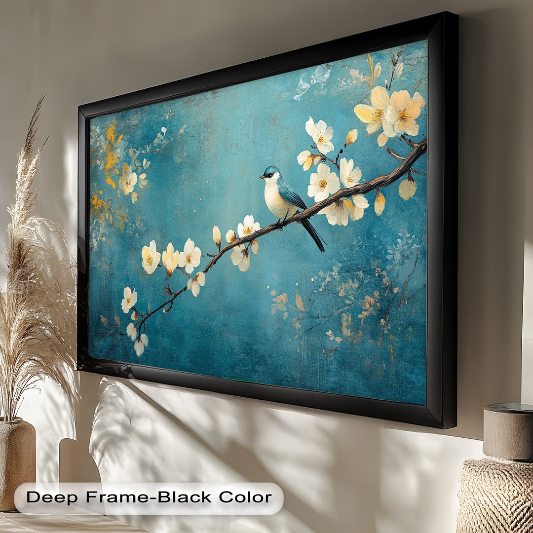 A delicate painting of a bluebird perched on a blooming cherry blossom branch against a serene teal background.