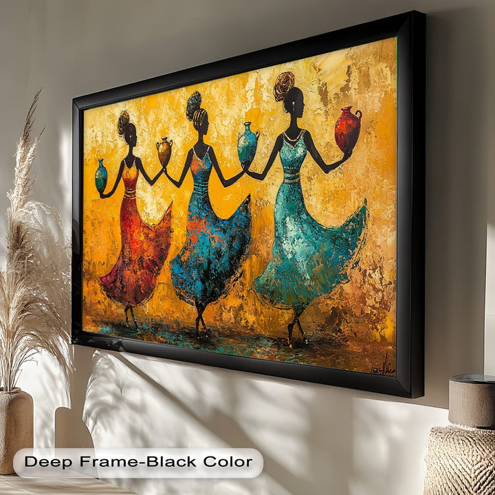 Farbenfrohe afrikanische Frauenkunst – Gerahmtes Ölgemälde