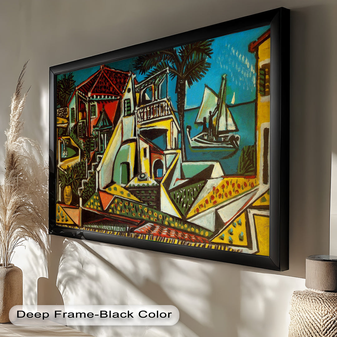 An expressive seaside composition featuring bright geometric houses, lush gardens, and a boat gliding through turquoise waters.