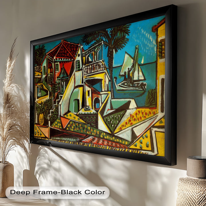An expressive seaside composition featuring bright geometric houses, lush gardens, and a boat gliding through turquoise waters.