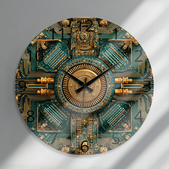 Steampunk-Wanduhr aus Glas – goldenes mechanisches Zahnraddekor